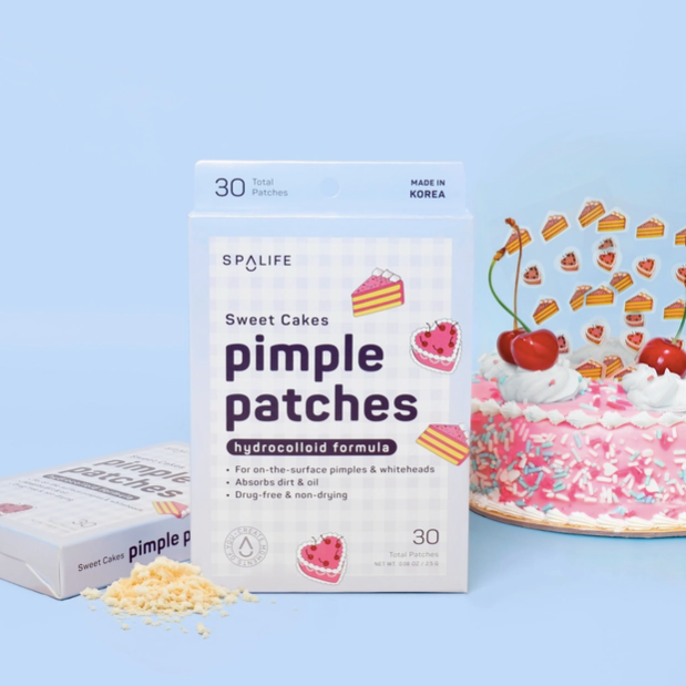 Spalife Sweet Cakes pimple patches packaging with a cake illustration on a blue background