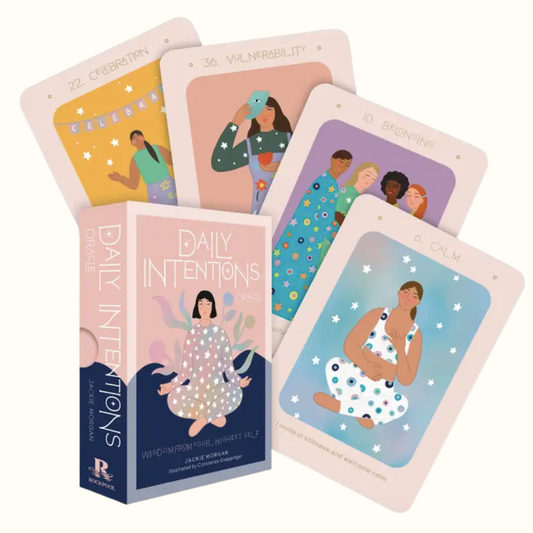Set of tarot cards titled 'Daily Intentions' with colorful illustrations on a white background.