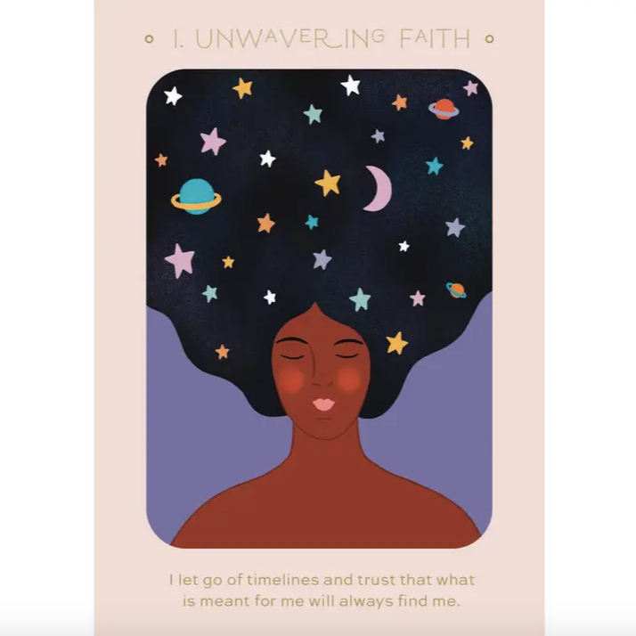 Illustration of a woman with stars in her hair on a pink background with text 'Unwavering Faith'.