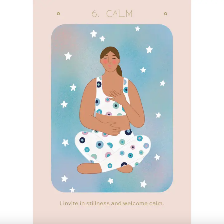 Illustration of a woman in a polka dot dress with stars around her, on a pastel background.