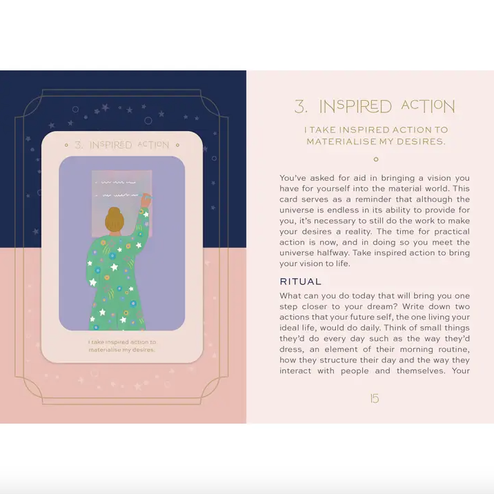 Card with a person in a green dress holding a book, surrounded by text on a pink and blue background.