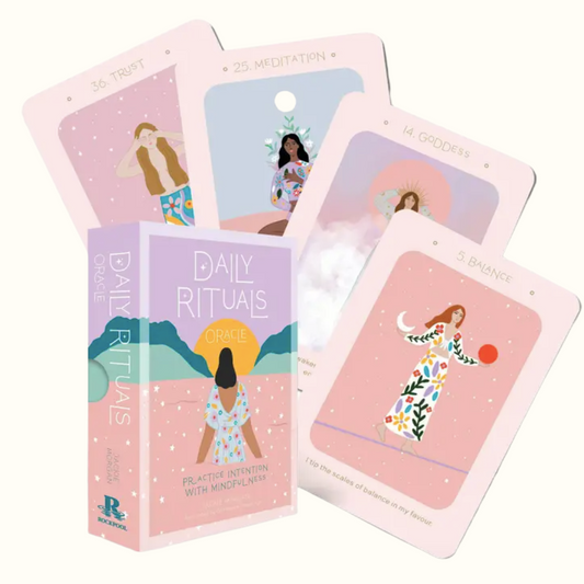 Set of tarot cards with illustrated women on pink and white backgrounds