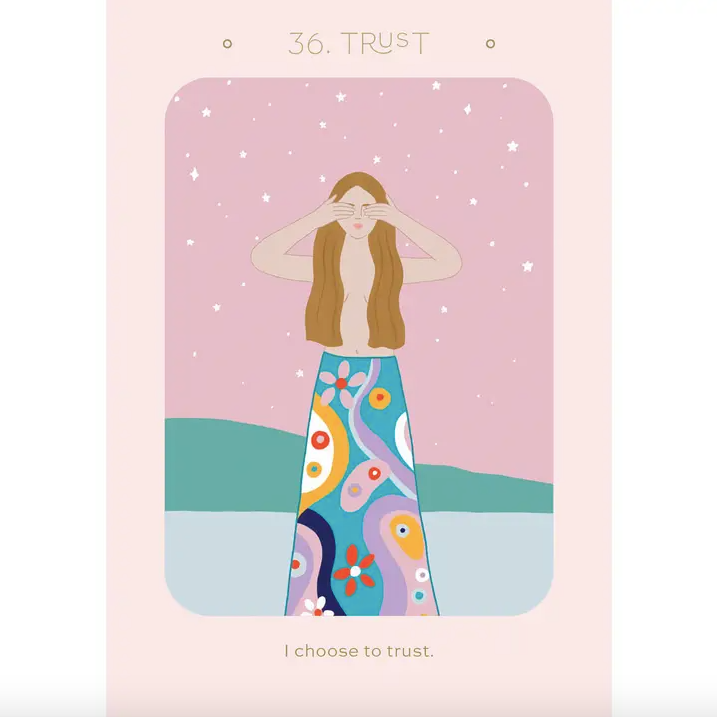 Illustration of a woman with long hair and a colorful skirt on a pink background with stars, labeled 'Trust'.