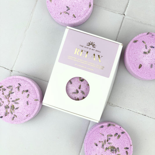 Relax Aromatherapy Shower Steamer in Box - Clary Sage, Lemon, Lavender and Lavender Seeds