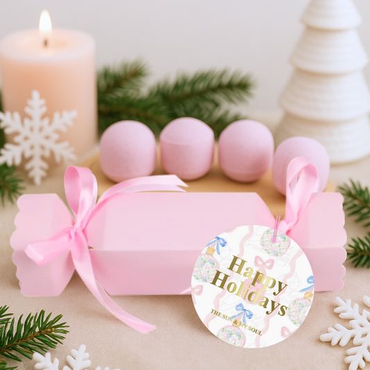 Happy Holidays Pink Christmas Cracker Bath Bomb Gift – Floral Scent (Set of 4)