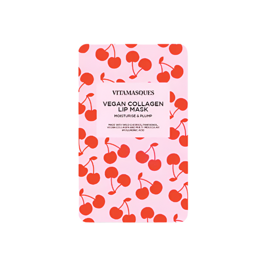 A packaged Korean sheet lip mask with a cherry pattern, labeled Cherry Vegan Collagen Lip Mask.
