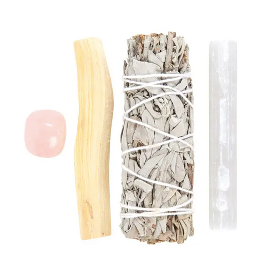 White Smudge Kit with Rose Quartz Crystal, Palo Santo and Selenite