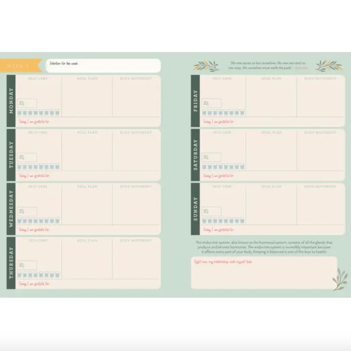 Weekly planner with days of the week and time slots on a light green background