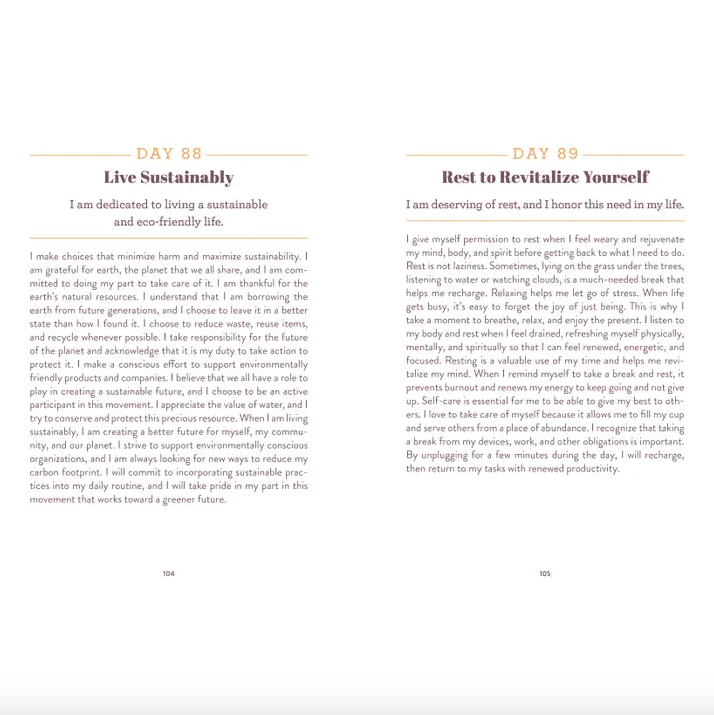 Two pages from a book or journal with text on sustainability and self-care.