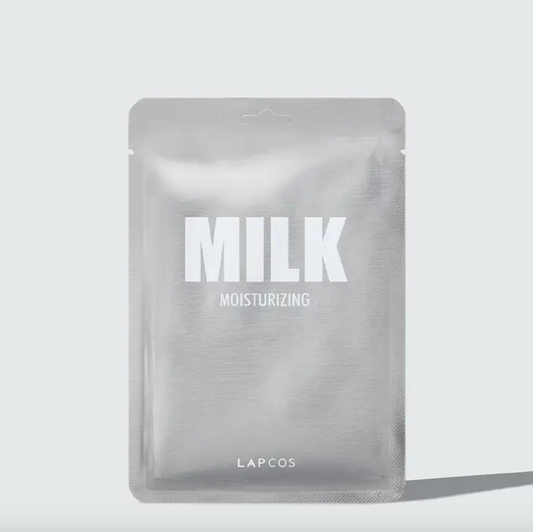LAPCOS milk moisturizing sheet mask packaging on a light gray background