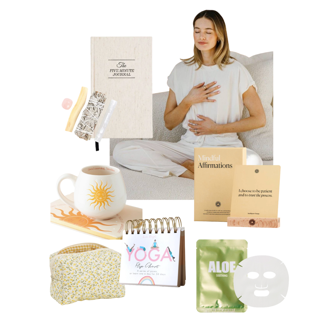 Collage of self-care items including a mug, yoga mat, and affirmations with a woman in a white shirt.