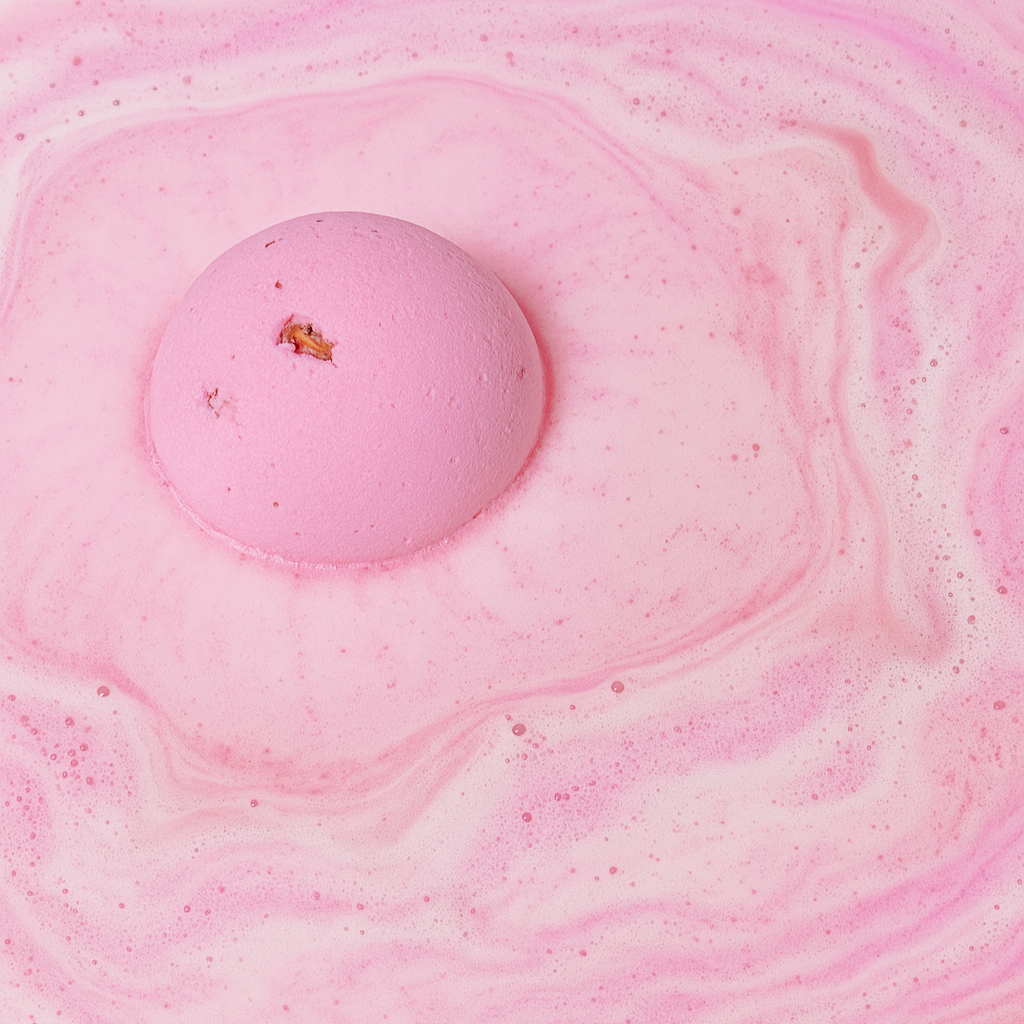 Pink bath bomb on a pink marbled surface