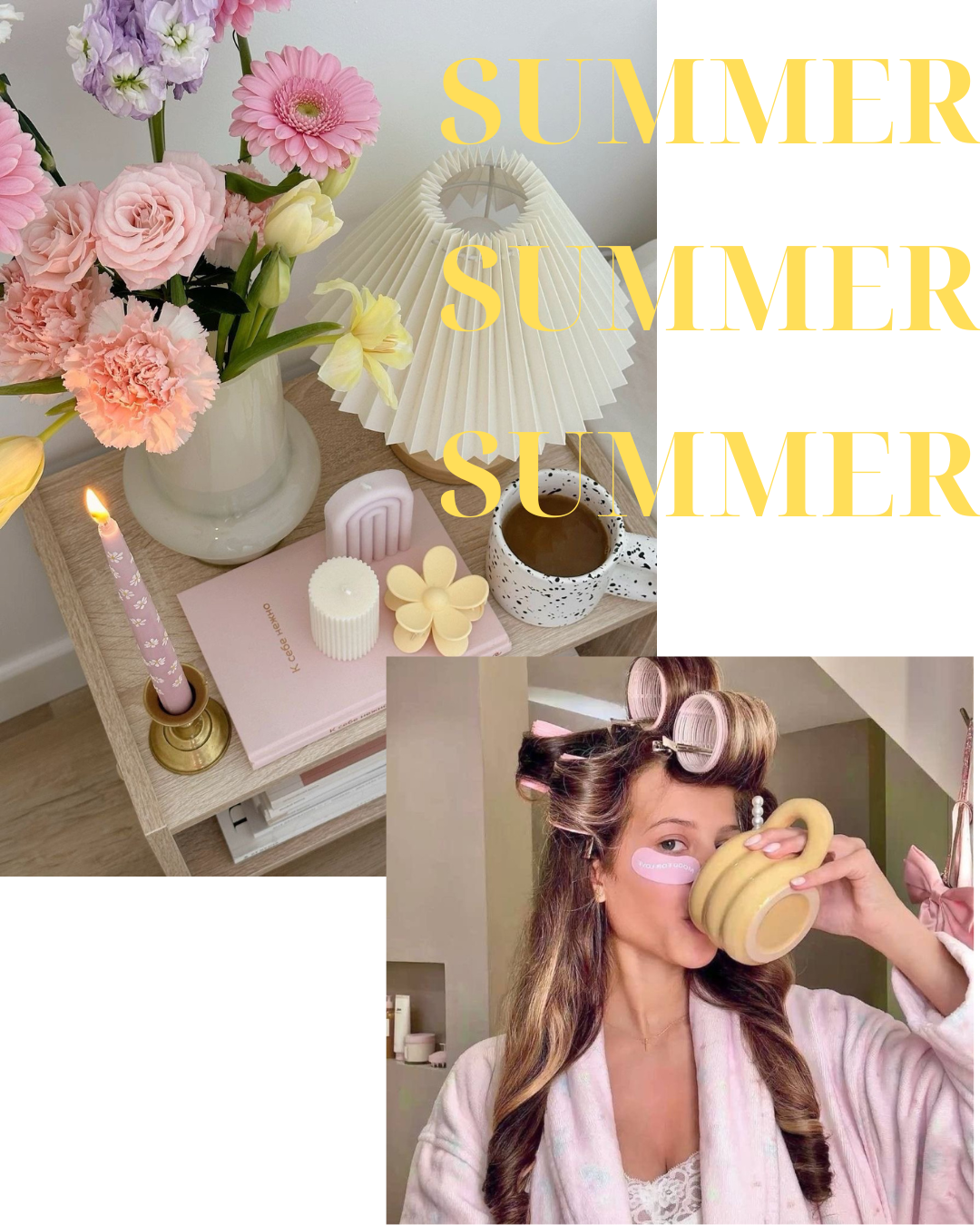 Collage of a floral arrangement, decorative items, and a woman in a robe with 'SUMMER' text.