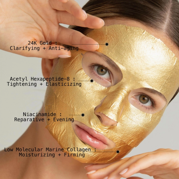 Gold face mask being applied to a person's face with text highlighting ingredients and benefits.