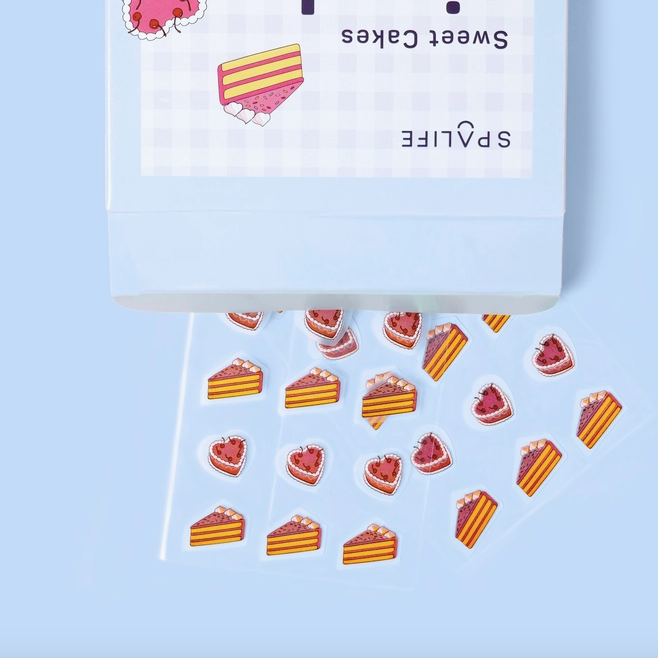 Pack of 'Sweet Cakes' stickers with cake and heart designs on a light blue background.