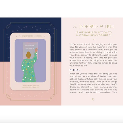 Card with a person in a green dress holding a book, surrounded by text on a pink and blue background.