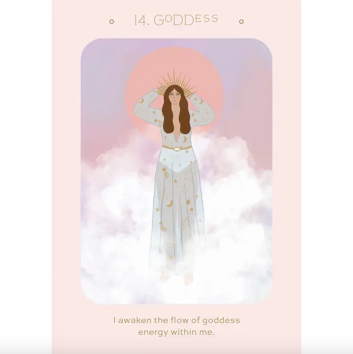 Card featuring an illustration of a woman with a halo, surrounded by clouds and a pink circle, on a pastel background.