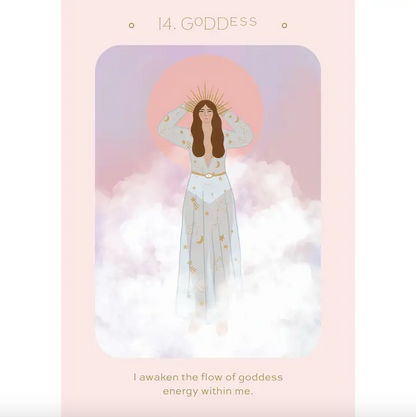 Card featuring an illustration of a woman with a halo, surrounded by clouds and a pink circle, on a pastel background.