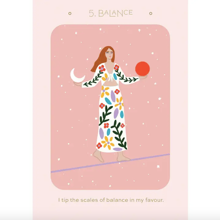 Illustration of a woman in a floral dress on a pink background with 'Balance' text.