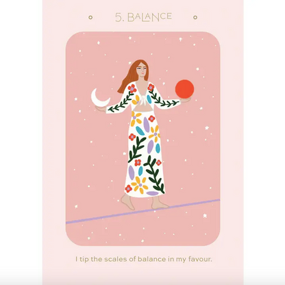 Illustration of a woman in a floral dress on a pink background with 'Balance' text.