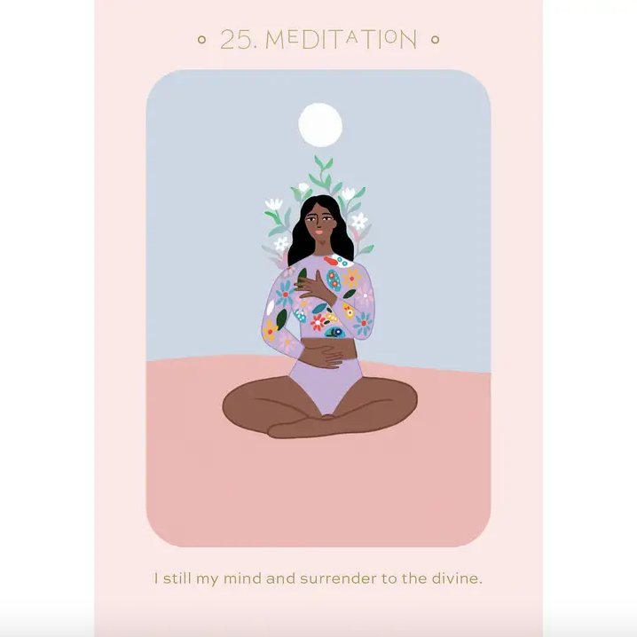 Illustration of a person meditating with flowers on their head against a pink and blue background.