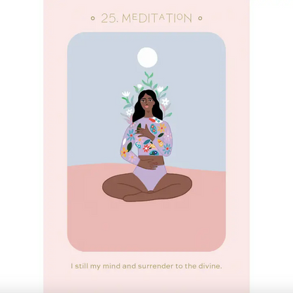 Illustration of a person meditating with flowers on their head against a pink and blue background.