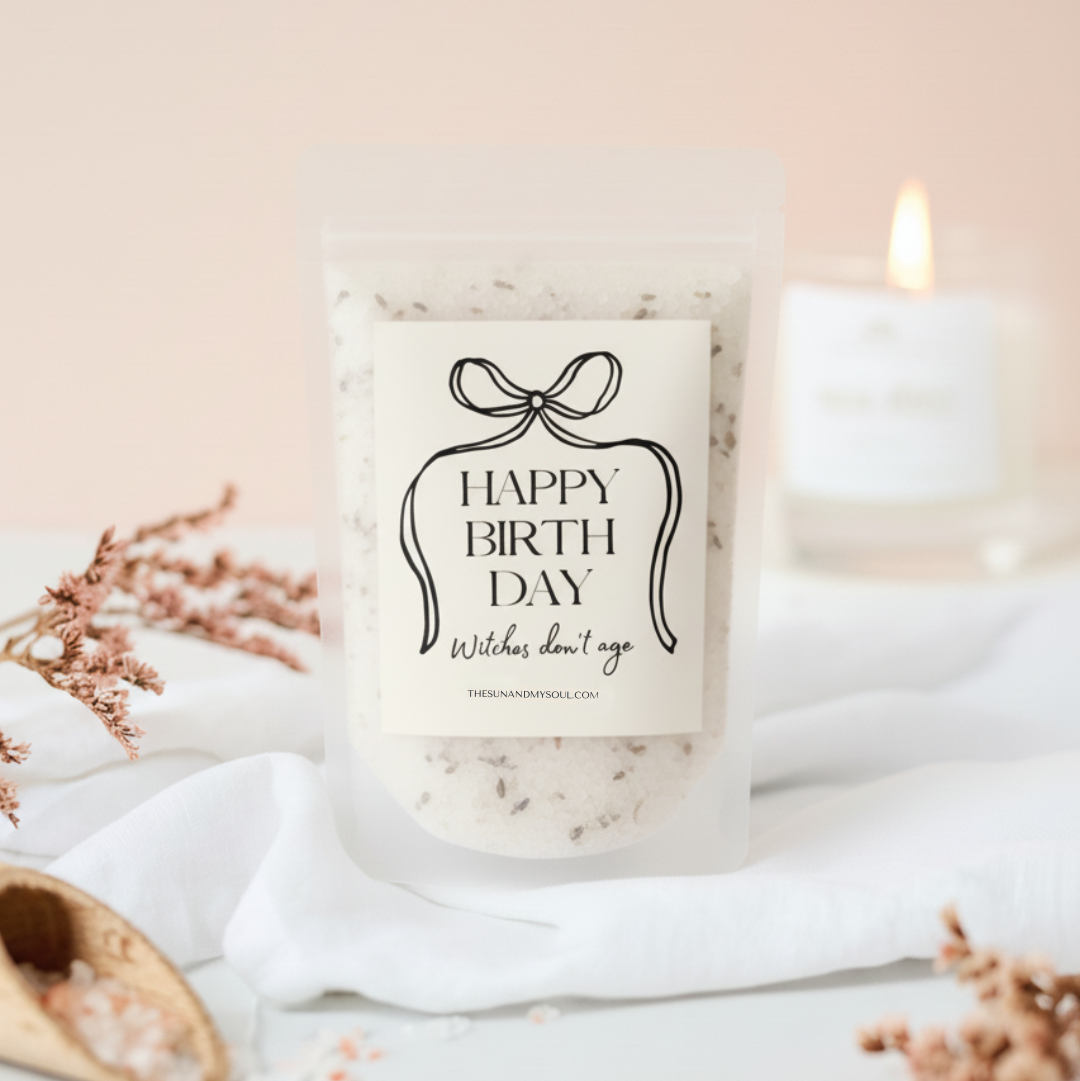 Bath salts with 'Happy Birthday, Witches don't age' text on a white background