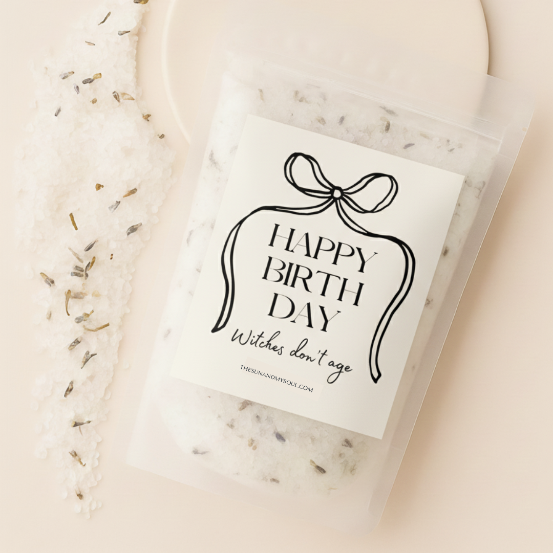 Pouch with 'Happy Birthday Witches don't age' label on a light background