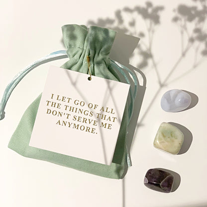 Calm Crystal Kit with Affirmation Card - Set of 3 Crystals (Amazonite, Amethyst, Blue Lace Agate)