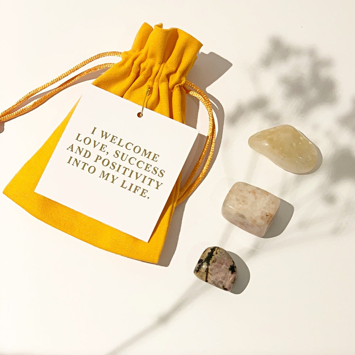 Positive Crystal Kit with Affirmation Card - Set of 3 Crystals (Citrine, Sunstone, Rhodonite)