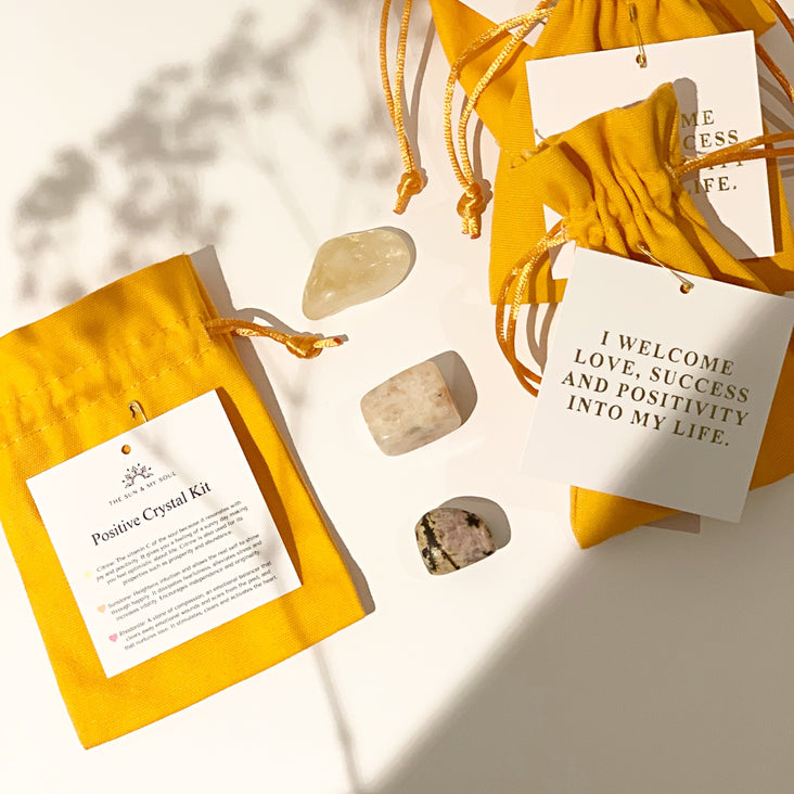 Positive Crystal Kit with Affirmation Card - Set of 3 Crystals (Citrine, Sunstone, Rhodonite)