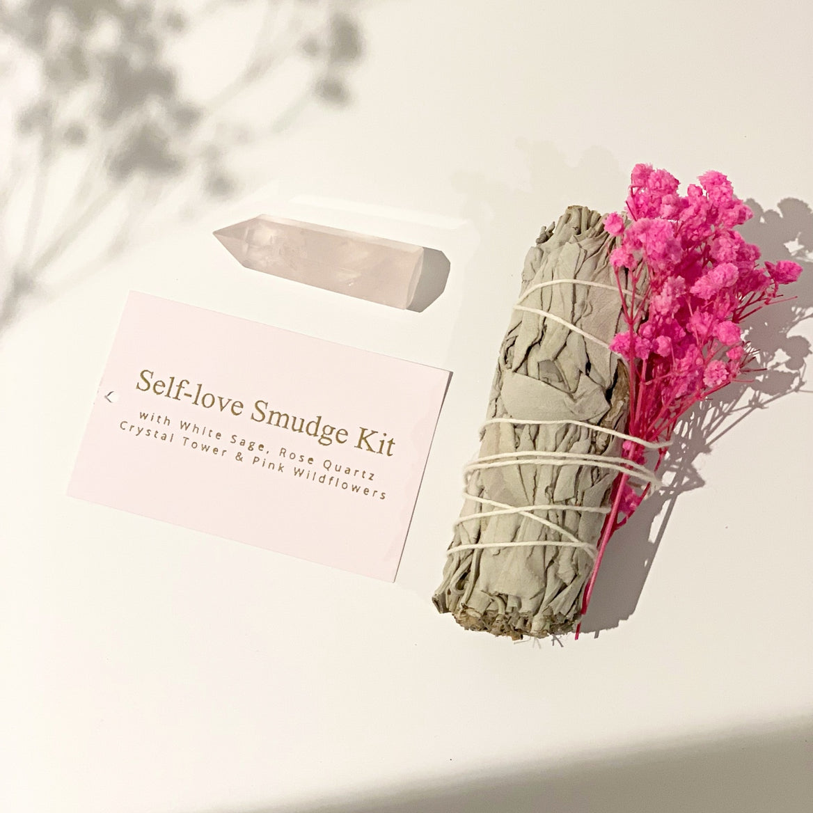 Self-love Smudge Kit - White Sage Smudge with Rose Quartz Tower & Pink Wildflowers
