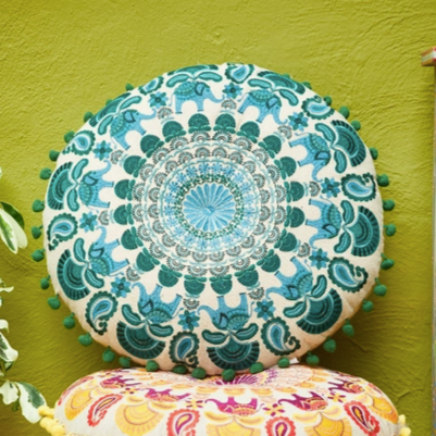 Turquoise Handmade Round Embroidered Mandala Cushion – Premium Yoga & Meditation Pillow