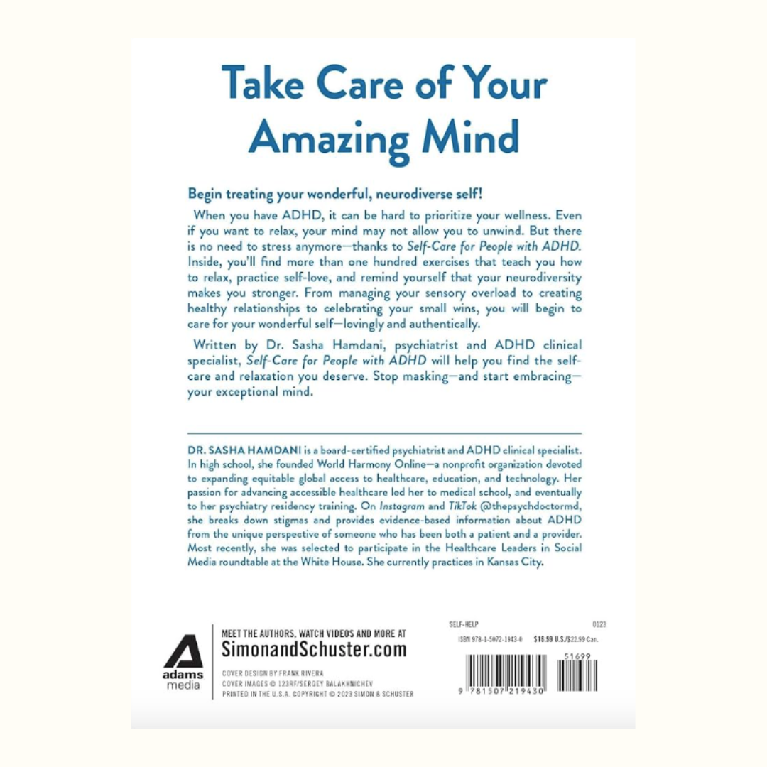 Book back cover with text about taking care of one's mind, featuring a white background and blue text.