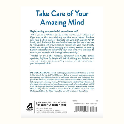 Book back cover with text about taking care of one's mind, featuring a white background and blue text.
