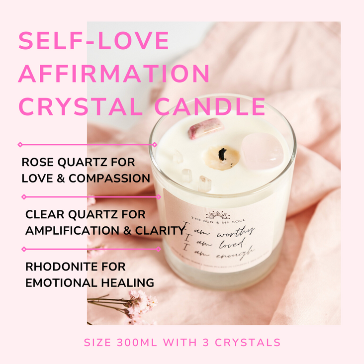 Self-love Affirmation Crystal Candle with Rose Quartz, Clear Quartz & Rhodonite, Scent - Peony, Blush Suede