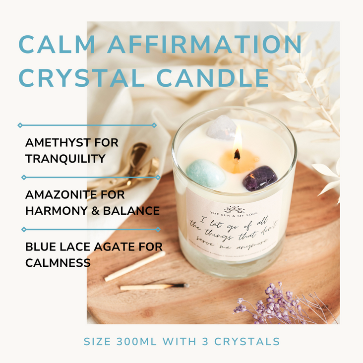 Calm Affirmation Crystal Candle with Amazonite, Amethyst & Blue Lace Agate, Scent - Citrus, Bergamot, Jasmine