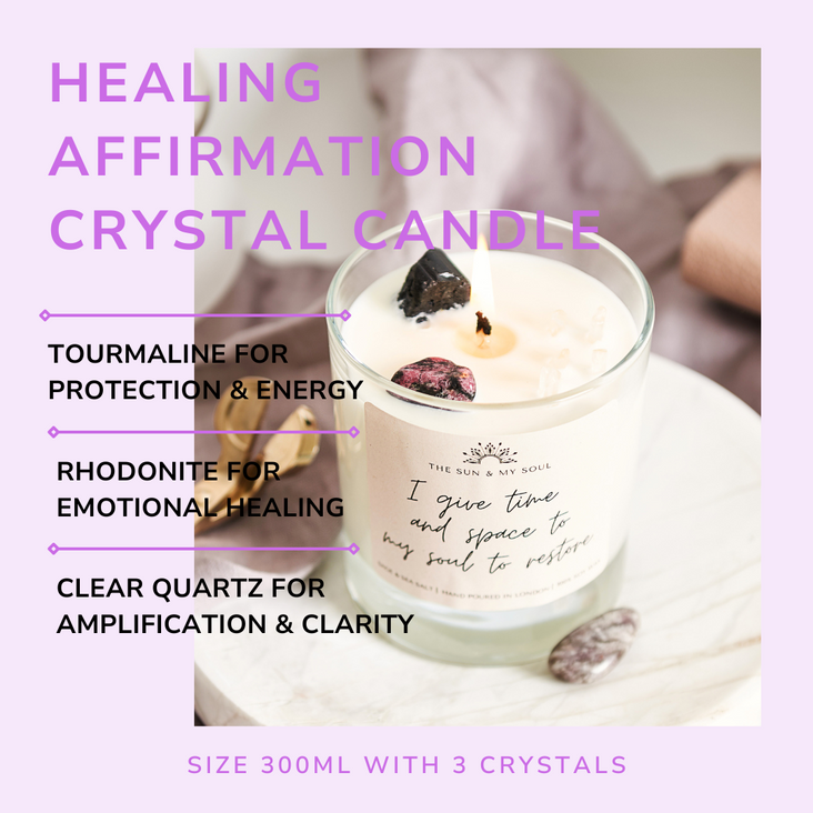 Healing Affirmation Crystal Candle with Black Tourmaline, Rhodonite & Clear Quartz, Scent - Sage Sea Salt