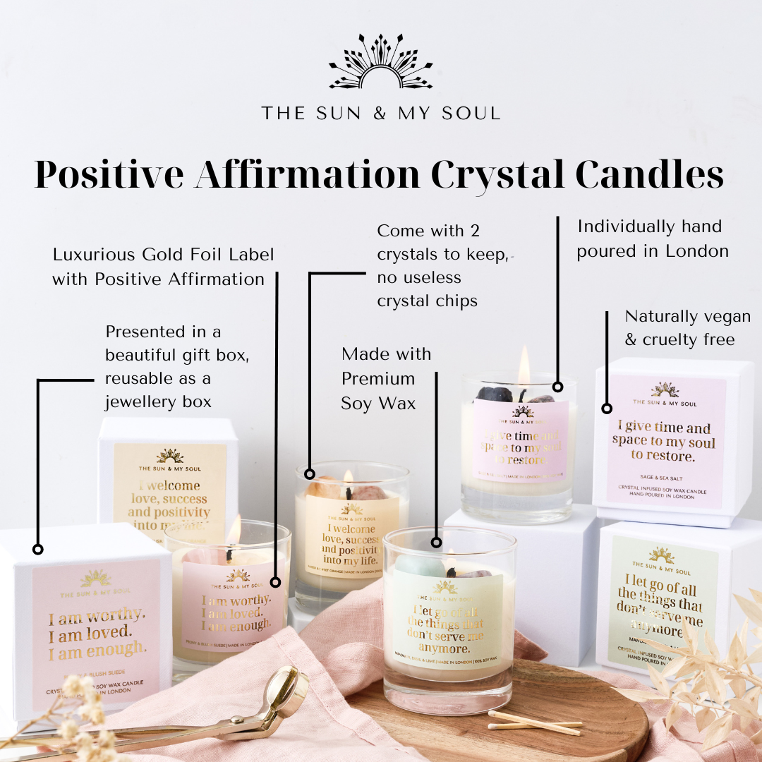 Calm Affirmation Crystal Candle with Amazonite & Amethyst, Scent - Mandarin, Basil, Lime
