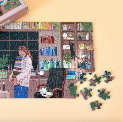 Jigsaw puzzle of a woman in a library with completed pieces on a beige background