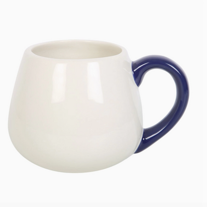 White mug with a blue handle on a white background