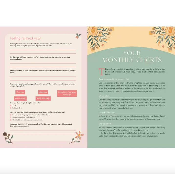 Two sections of a document with floral designs and text on a white background