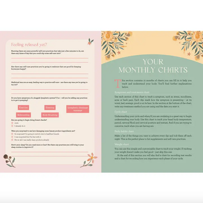 Two sections of a document with floral designs and text on a white background