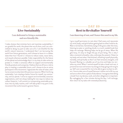 Two pages from a book or journal with text on sustainability and self-care.