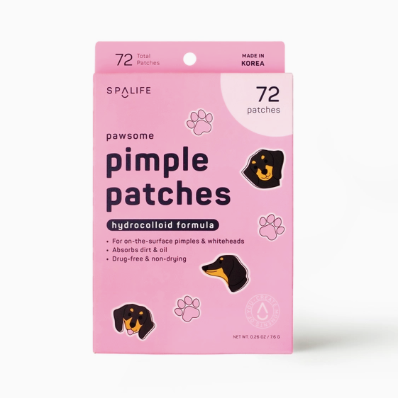Pink package of pimple patches with dog illustrations on a white background