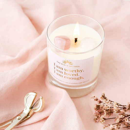 Self-love Affirmation Crystal Candle with Rose Quartz & Clear Quartz, Scent - Peony, Blush Suede