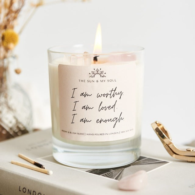 Self-love Affirmation Crystal Candle - Peony, Blush Suede scent