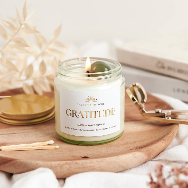 Gratitude Crystal Candle with Green Aventurine, Scent - Amber, Sweet Orange