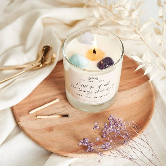 amazonite blue agate amethyst crystal candle scented soy mindfulness calming jasmine citrus bergamotCalm Affirmation Crystal Candle - Citrus, Bergamot, Jasmine scent