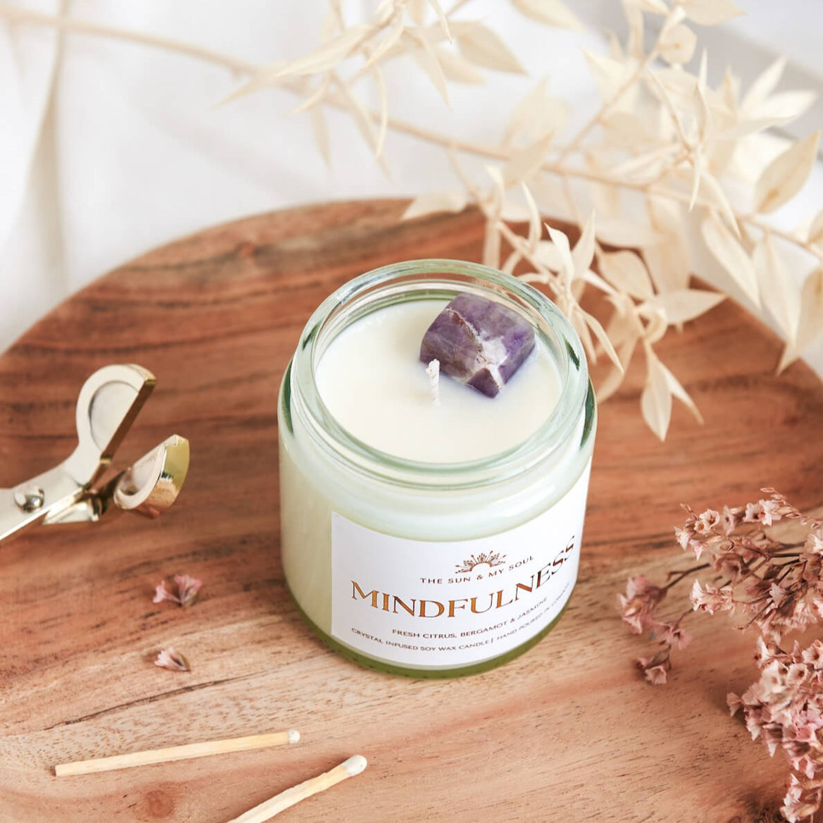 Mindfulness Crystal Candle with Amethyst, Scent - Fresh Citrus, Bergamot & Jasmine